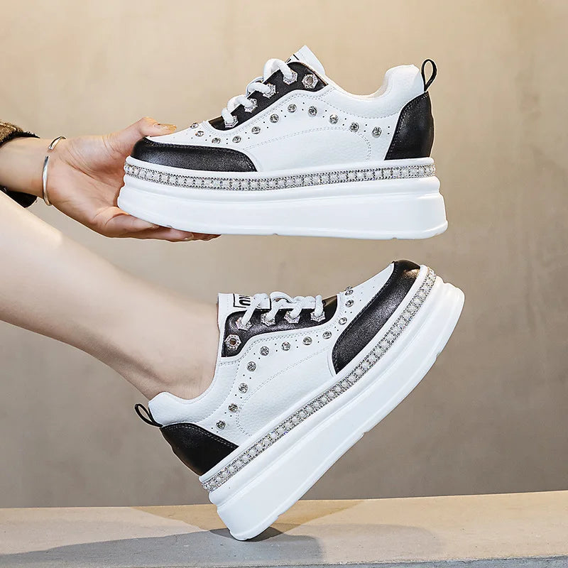Fujin 7cm Genuine Leather Women Casual Bling Chunky Sneakers Platform Wedge Vulcanized Autumn Spring Hidden Heels Ladies Shoes