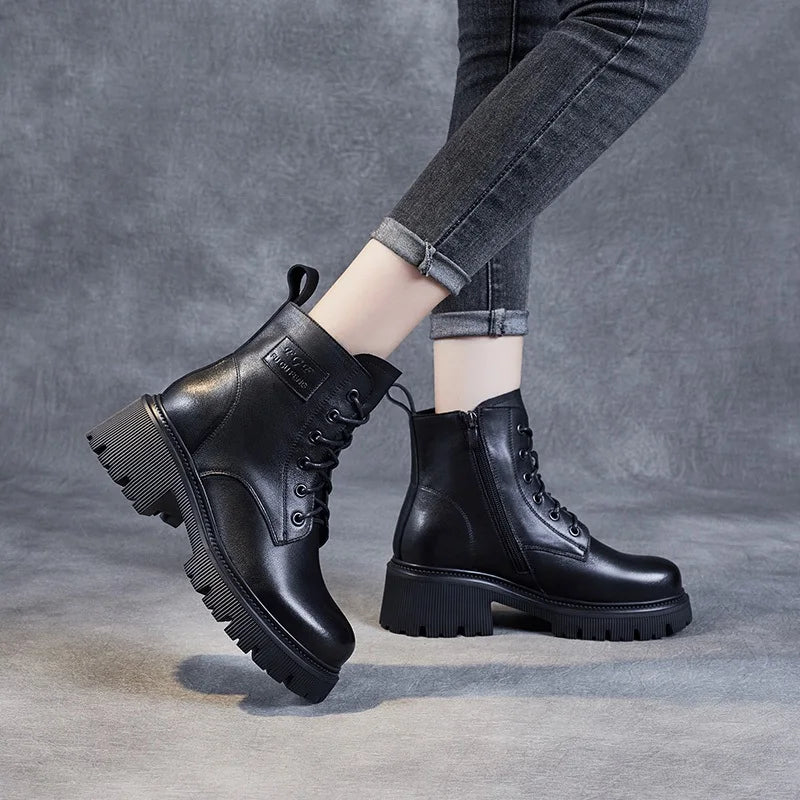 DRKANOL 2025 Fashion Women Genuine Cow Leather Thick Heel Ankle Boots Autumn Winter Chunky Platform Handmade Retro Warm Boots