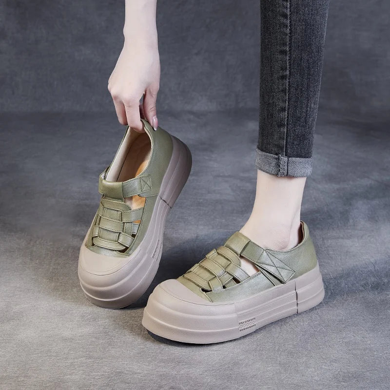 DRKANOL 2025 Fashion Genuine Leather Chunky Platform Shoes Summer Woven Hollow Breathable Thick Bottom Loafer Casual Roman Shoes