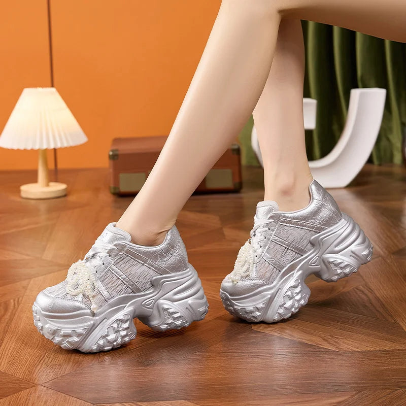 AUTUSPIN 10cm Height Increasing Summer Shoes for Women 2025 Fashion Breathable Lace Synthetic Leather Leisure Sports Sneakers