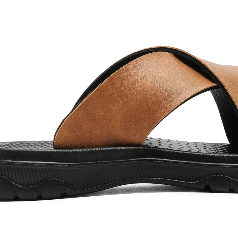 PU Leather Slippers Men Slides Summer Casual Beach Shoes Slip-Ons Flats Indoor Outdoor Flats Big Size 47 48 Dropshipping