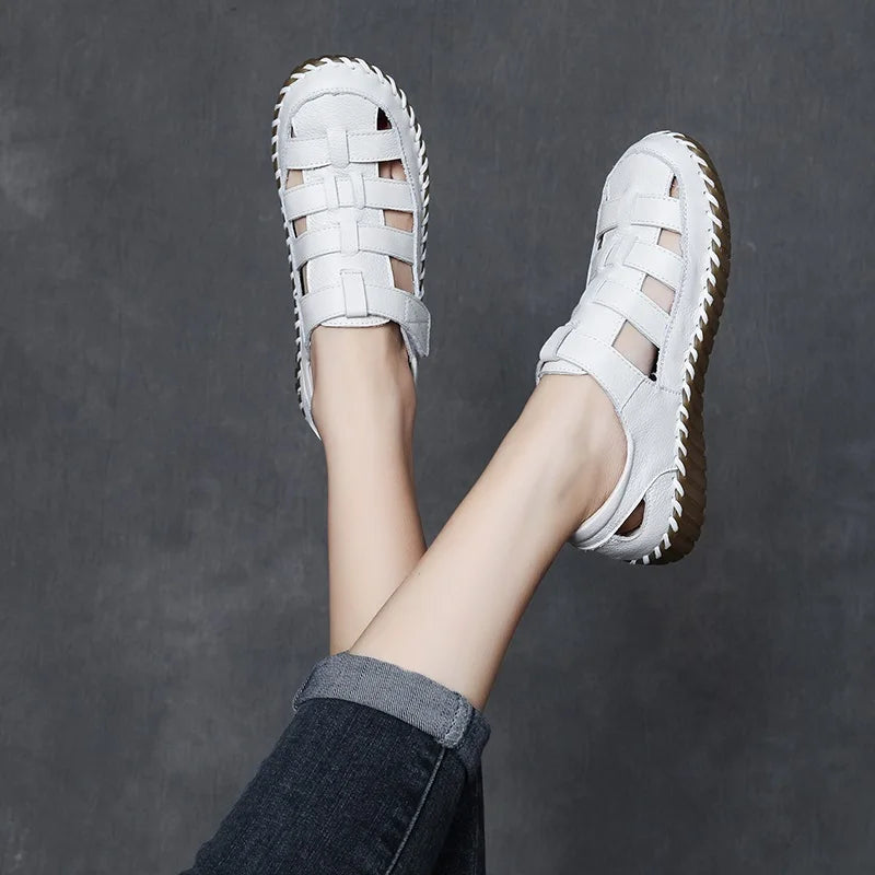 DRKANOL Fashion Women Flat Sandals Summer Shoes 100% Genuine Cow Leather Hook And Loop Hollow Soft Cow Muscle Roman Sandals Lady