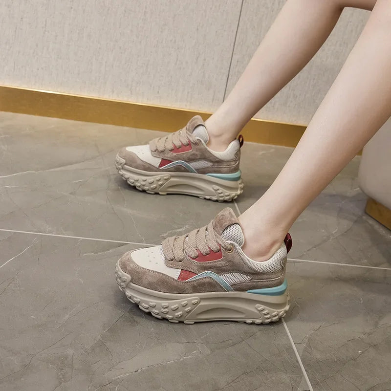 Fujin 6cm Genuine Leather Platform Mesh Breathable Sneakers Chunky Hidden Heel Mixed Color Women Autumn Spring Vulcanize Shoes