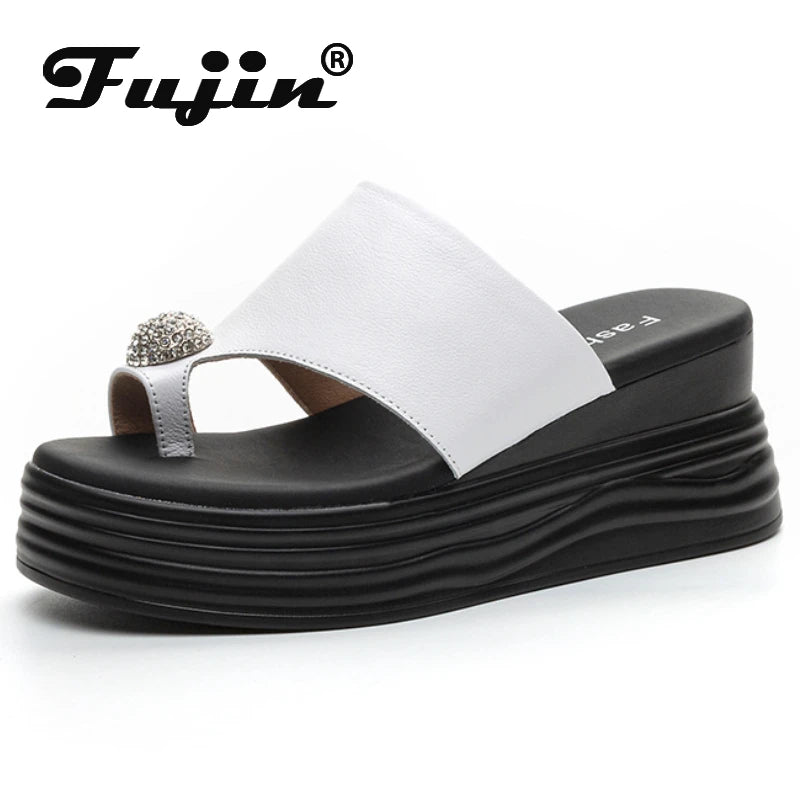Fujin 7cm Genuine Leather Summer Clip Toe Flip Ladies Slippers Pumps Platform Wedge Women Fashion Sandals Flats Rhinestone Shoes