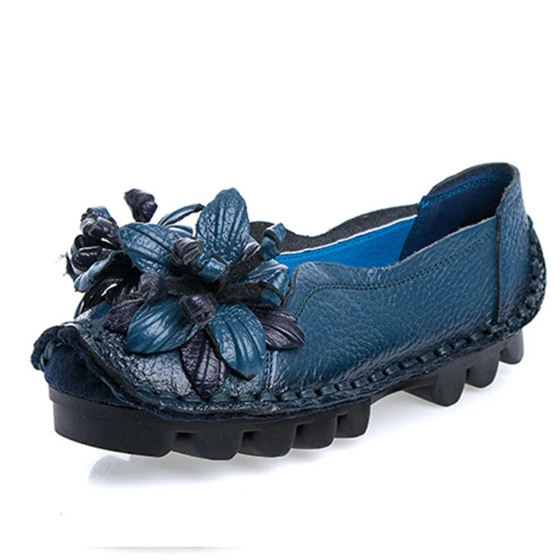 WOIZGIC Women Female Mother Ladies Genuine Leather Shoes Flats Loafers Non Slip On Flowers Retro Moccasins Plus Size 41 42