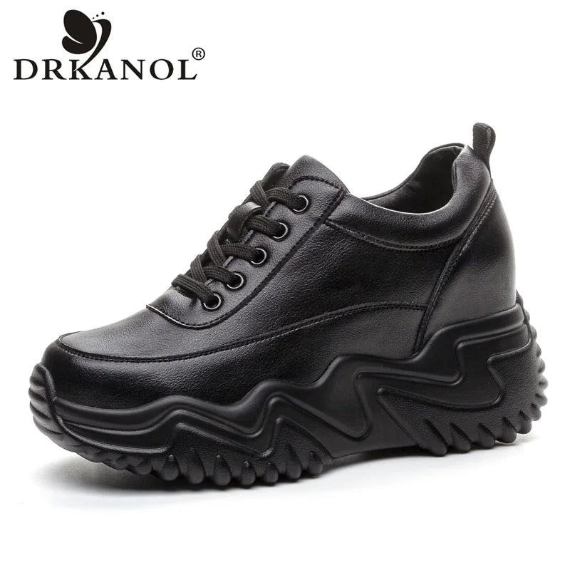 DRKANOL Fashion Platform Casual Sneakers Women Real Cowhide Thick Sole Wedges Heel Height Increasing Solid Color White Shoes