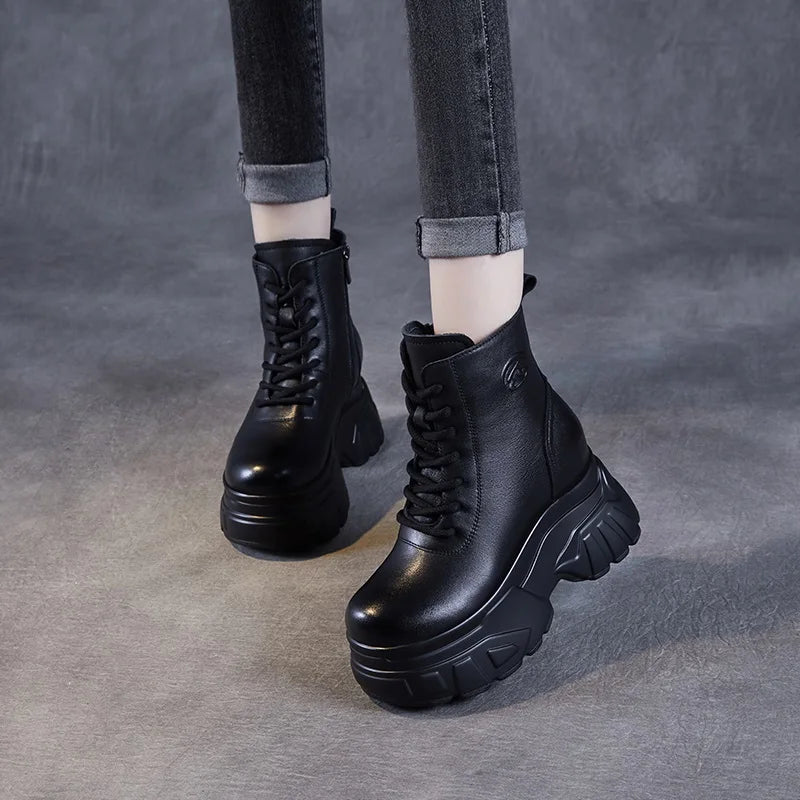 DRKANOL 2025 Women Wedges Heel Ankle Boots Autumn Winter 10cm Height Increasing Genuine Leather Platform Retro Warm Short Boots