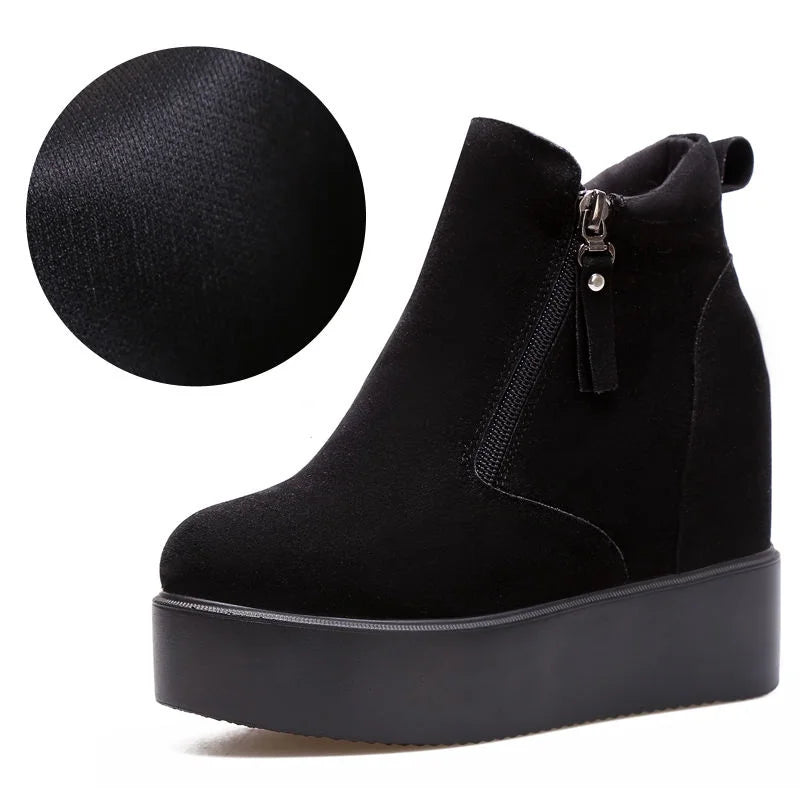 Fujin 11cm Platform Wedge Hidden Heel Women Ankle Boots Flock Leather Warm Female Wedge Shoes Zipper Winter Shoes Sneakers 2024