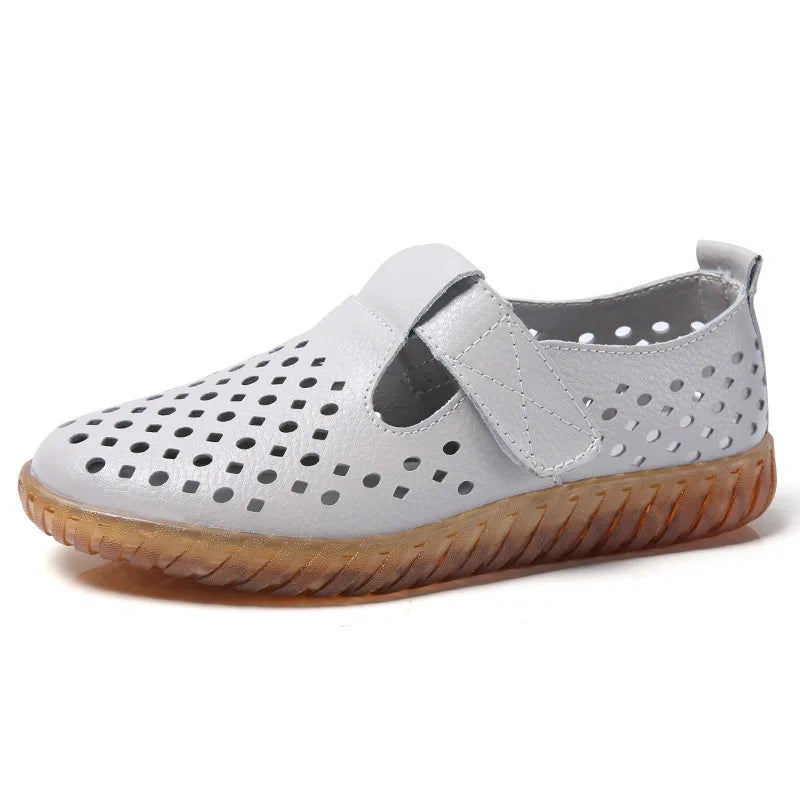 WOIZGIC Women's Mother Female Genuine Leather White Shoes Sandals Loafers Moccasins Hook Loop Outdoor Cool Beach Summer Hollow
