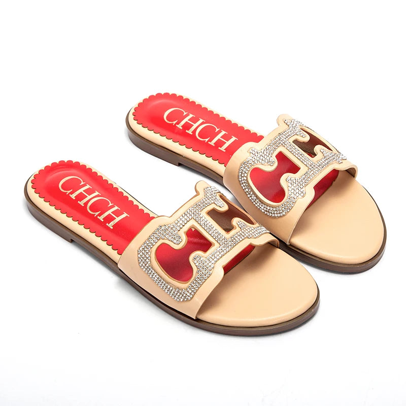 Flat shoes for women's summer square open toe beach shoes with inlaid embellishments sandals Girl