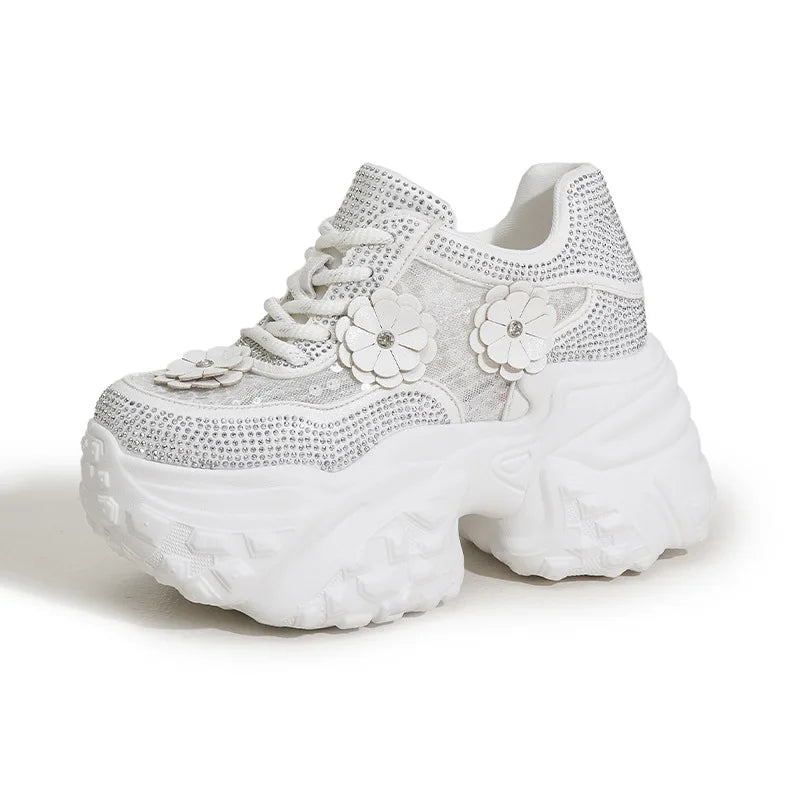 Fujin 10cm Air Mesh Synthetic Leather Bling Casual Platform Wedge Flats Women Vulcanize Hollow Summer Chunky Sneakers Shoes