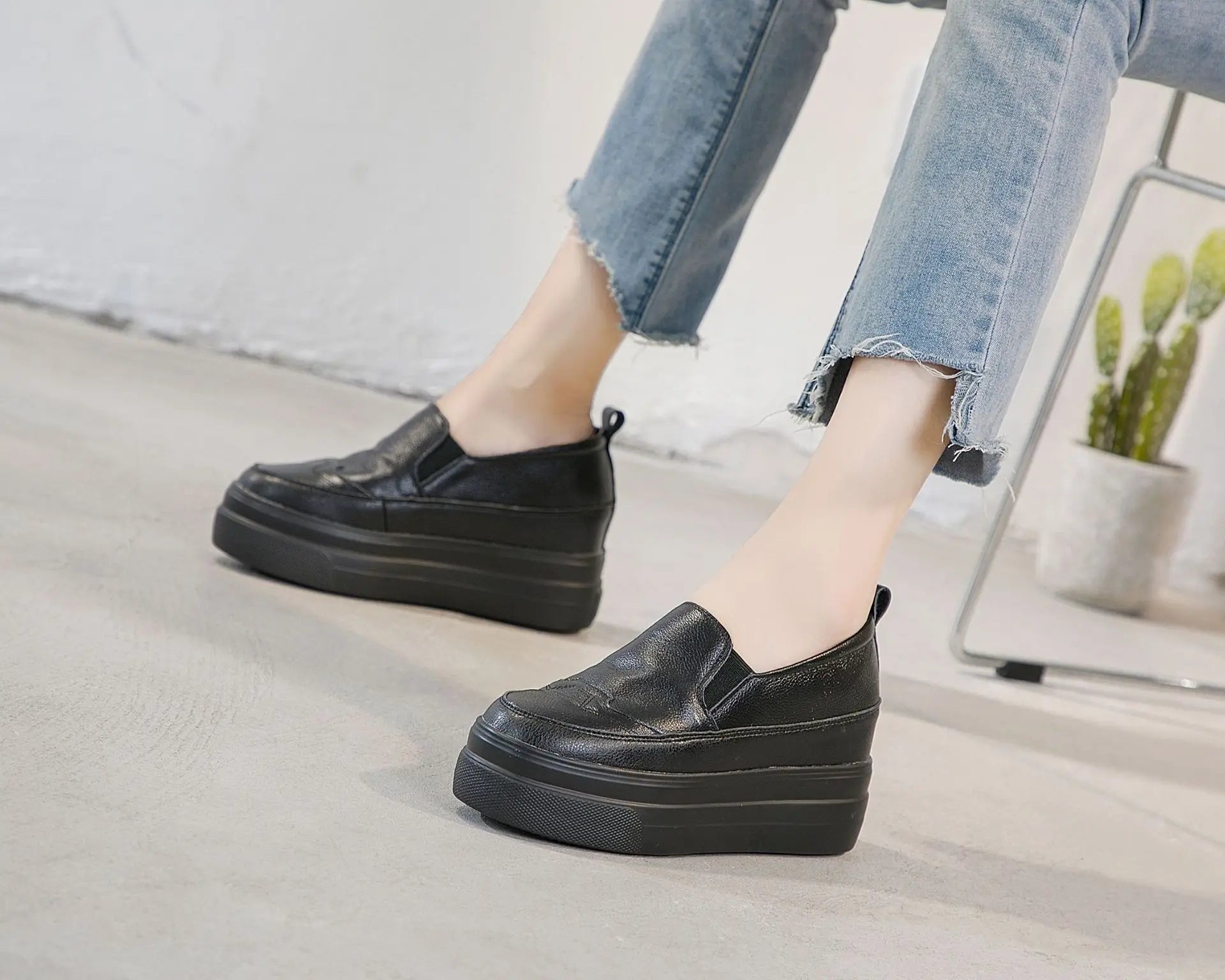 Fujin Genuine Leather Cow 7cm Platform Wedge Women Shoes Chunky Sneakers Slip on Hidden Heel Waterproof Women Vulcanized Shoes