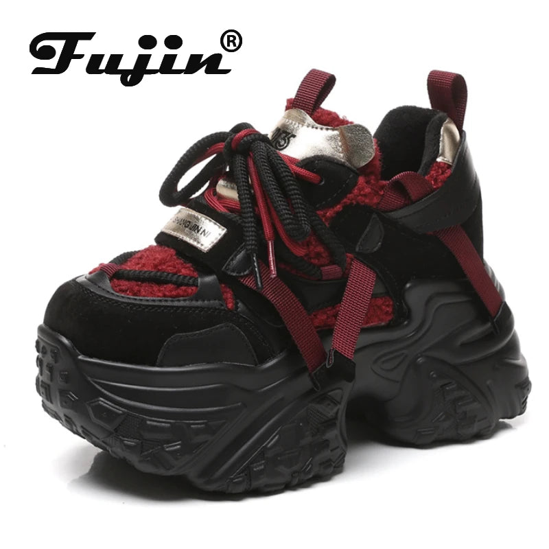 Fujin 9.5cm Women Synthetic Leather Spring Chunky Sneakers  Winter Plush Fashion Ankle Booties Autumn Platform Wedge Flats Shoes