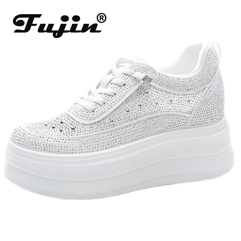 Fujin 9cm Air Mesh Micrifiber Synthetic Leather Summer Chunky Sneakers Breathable Platform Wedge Women Vulcanize Hollow  Shoes