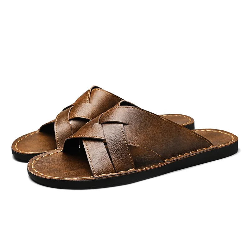 STRONGSHEN Summer Men Genuine Leather Slippers Designer Casual Slides Outdoor Beach Shoes Breathable Anti Slip Soft Sole Sandals