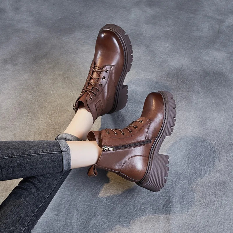 DRKANOL 2025 Fashion Women Genuine Cow Leather Thick Heel Ankle Boots Autumn Winter Chunky Platform Handmade Retro Warm Boots