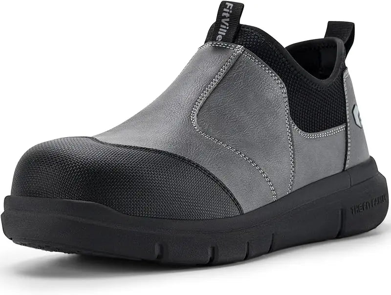 FitVille Widened Men'S Work Shoes Slip-On Composite Steel Toe Shoe Safe Puncture-Proof For Swollen Feet For Construction Sites