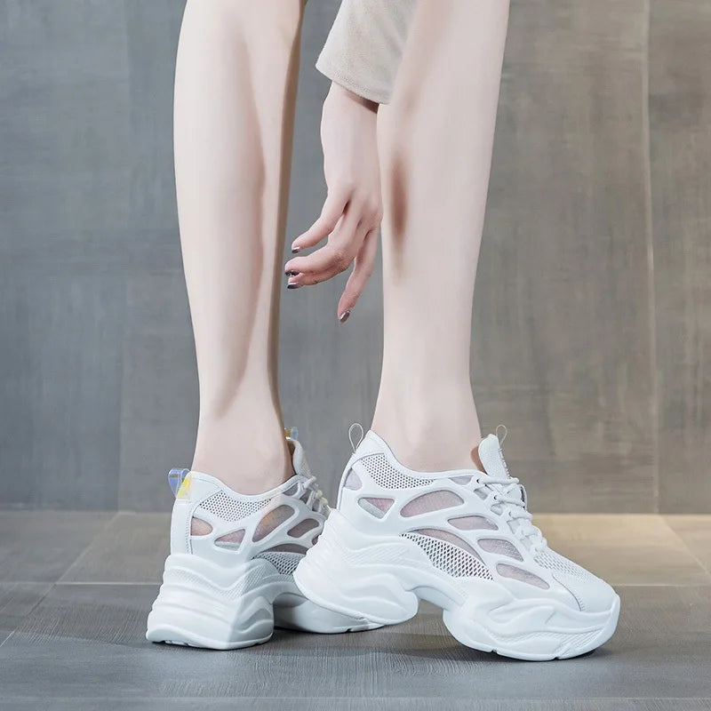 DRKANOL 2025 Fashion Women Thick Sole Casual Sneakers Summer Breathable Air Mesh Height Increasing Wedges White Vulcanized Shoes