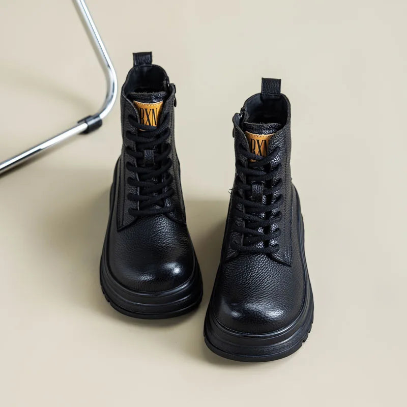 DRKANOL 2025 Genuine Leather Ankle Boots For Women Wedges Height Increasing Chunky Platform British Style Leisure Short Boots