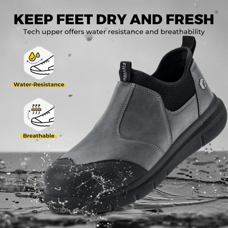 FitVille Widened Men'S Work Shoes Slip-On Composite Steel Toe Shoe Safe Puncture-Proof For Swollen Feet For Construction Sites