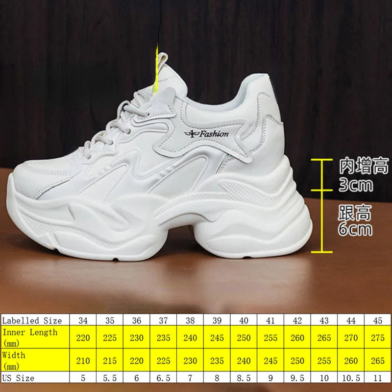 Fujin 9cm Genuine Leather Women Casual Shoes White Platform Wedge Hidden Heel Shoes White Chunky Sneakers Vulcanize Skateboard