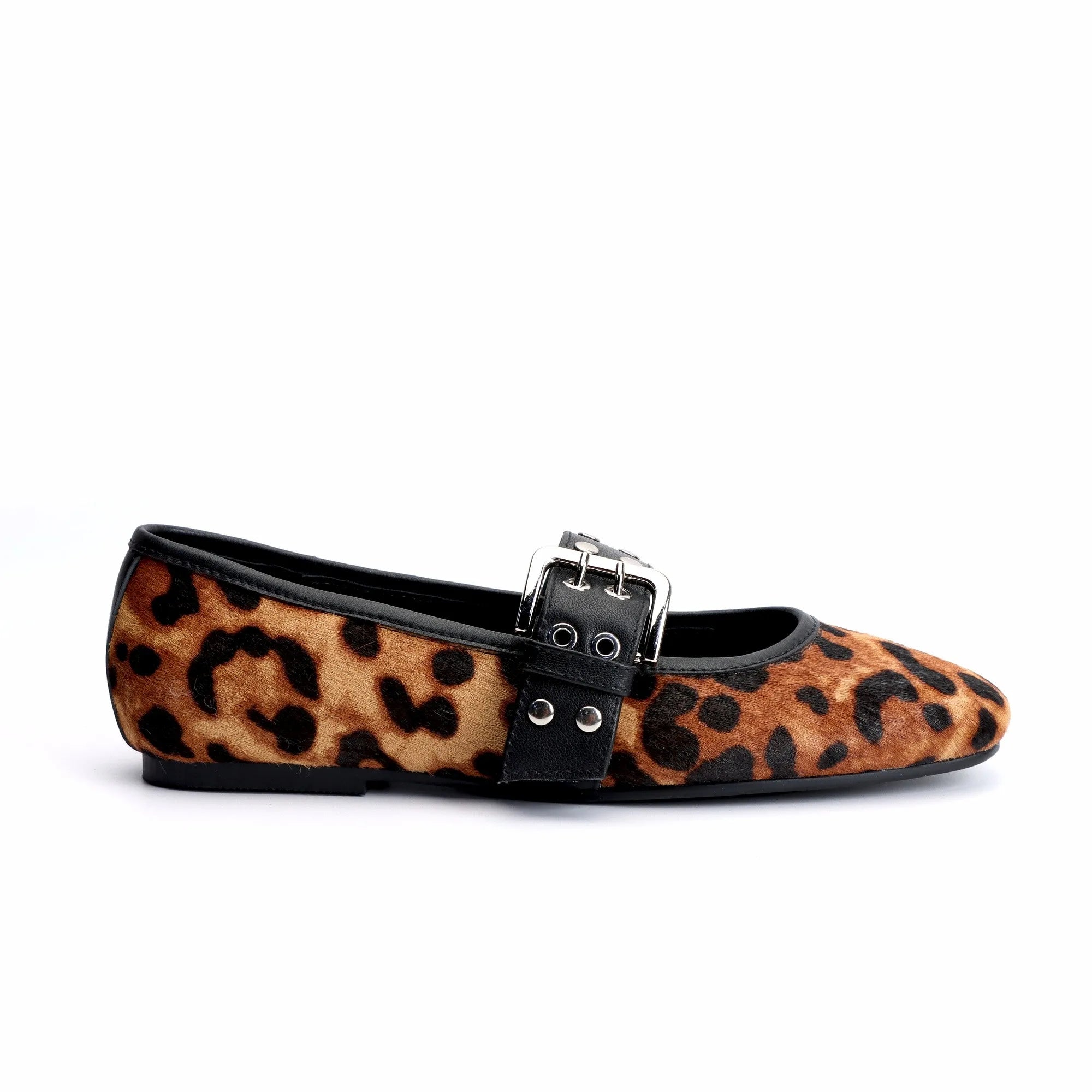 Women's Leopard Mary Jane Ballet Flats Square Toe,Adjustable Buckle Strap, Memory Foam Comfort,Calf Hair Dress Shoes