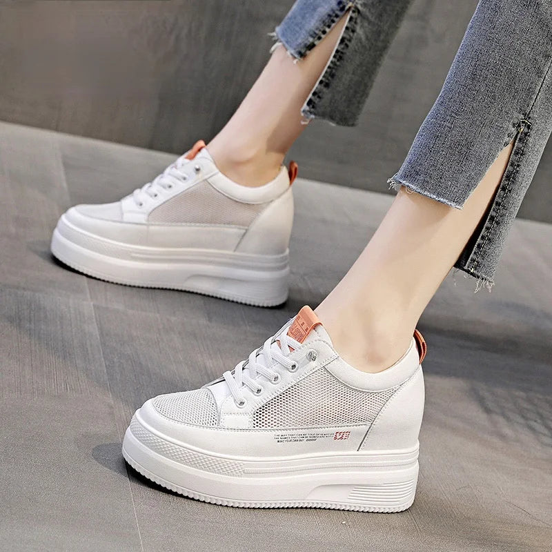 Fujin Women Shoes Chunky Sneakers Air Mesh Hollow Out Genuine Leather White Wedge Shoes Platform Heel Pumps Mujer Bombas