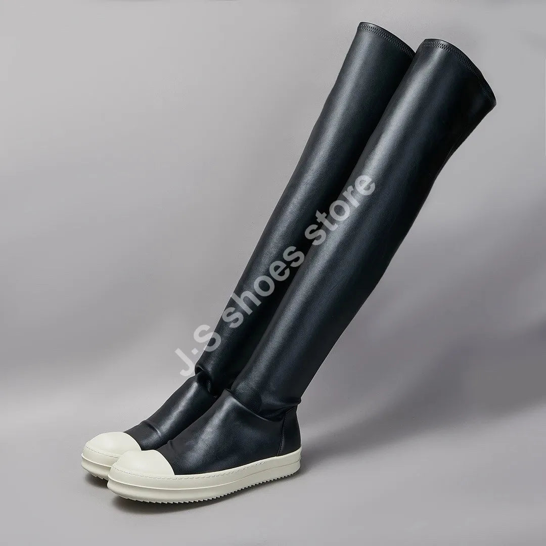 R-o Women Sneakers Cowhide Over the Knee Stretch Boots Men Black Leather Shoes Casual Shoe Footwear Winter Knee High Ankle Boot