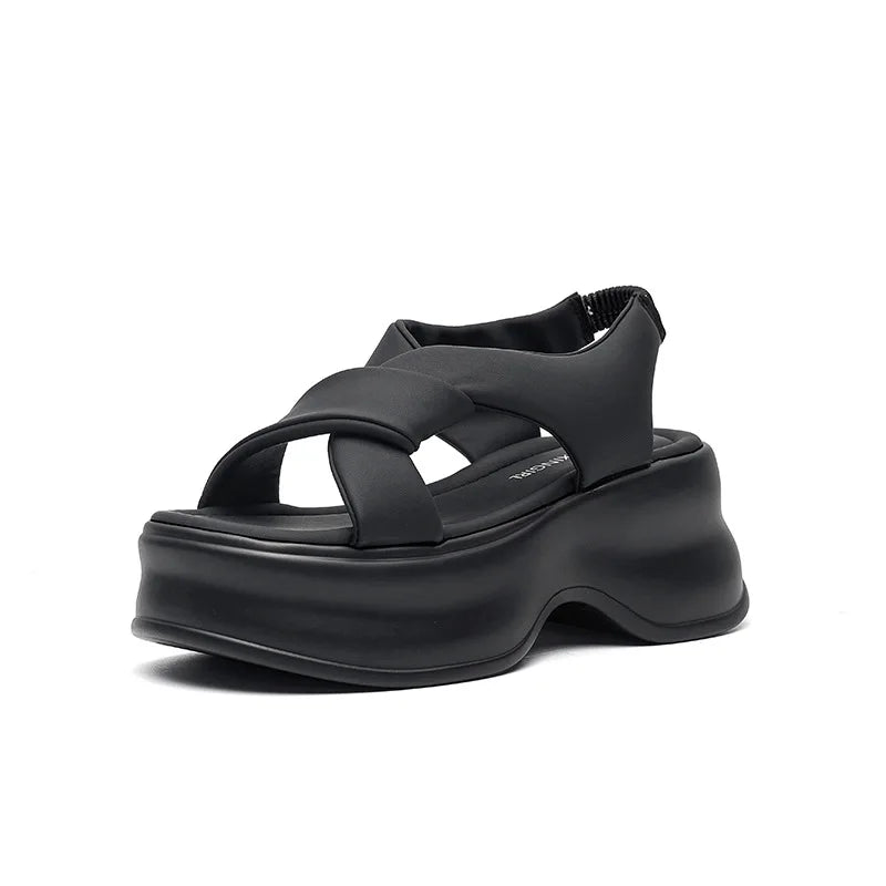 Fujin 7.5cm PU Synthetic Microfiber Leather Platform Wedge Flats Fashion Slippers Women Sandals Fashion Peep Toe Shoes Pumps