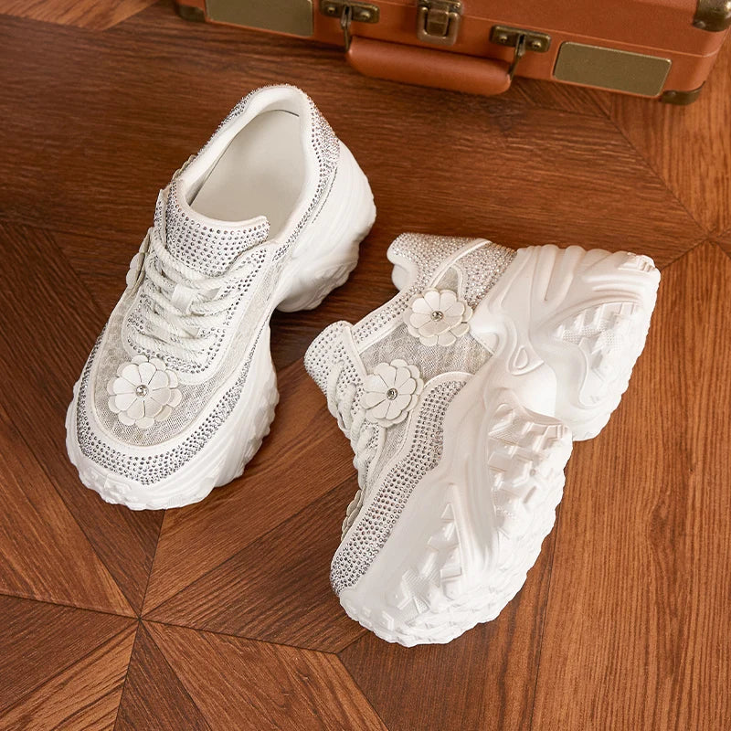 AUTUSPIN 10cm Lace Shoes for Women High Platform Wedged Casual Shoes Female Outdoor Crystal Shiny Comfy Chunky Footwear Woman