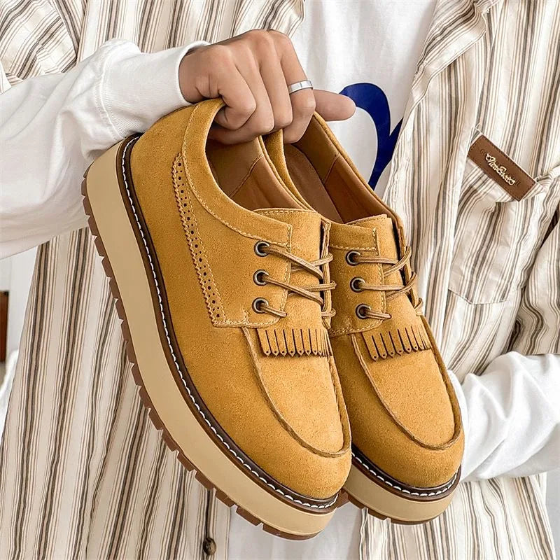 Men's Casual Oxford Shoes Leather Yellow Round Toe Business Platform Shoes Lace-up Tassels Shoe Comfortable Breathable Shoes