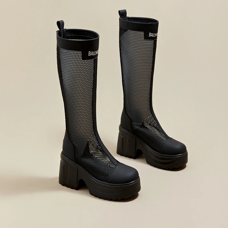 Autuspin 10cm High Platform Women Long Boots Summer Autumn Breathable Air Mesh Knee-high Boot Ladies Thick Heels Woman Fashion