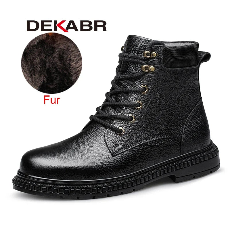 DEKABR New Fashion Comfortable Men Ankle Boots Genuine Leather Autumn Winter Warm Fur Plus Casual Black Boots Size 36-46