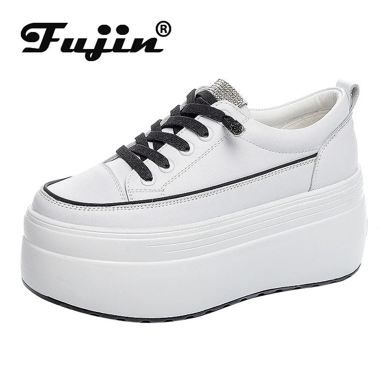 Fujin 8cm White Genuine Leather Platform Heel Women Flats Shoes Comfortable Casual Creepers Chunky Sneaker Summer Shoes Women