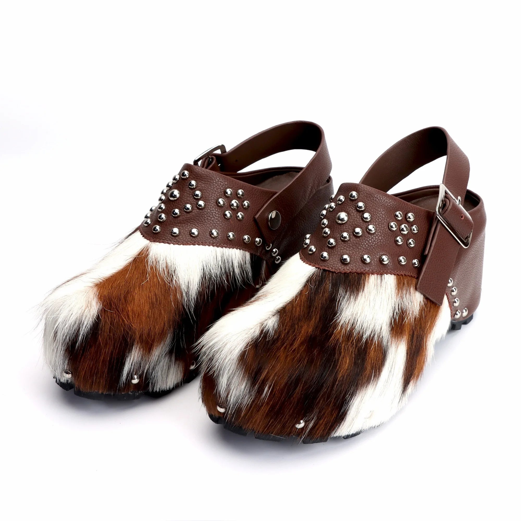 Handmade Designer Luxury Studded Platform Clogs with Natural Calf Hair and Leather Lining, Memory Foam Arch Support for All-Day