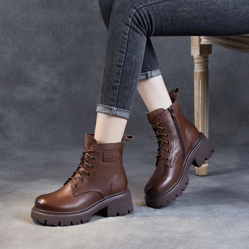 DRKANOL 2025 Fashion Women Genuine Cow Leather Thick Heel Ankle Boots Autumn Winter Chunky Platform Handmade Retro Warm Boots