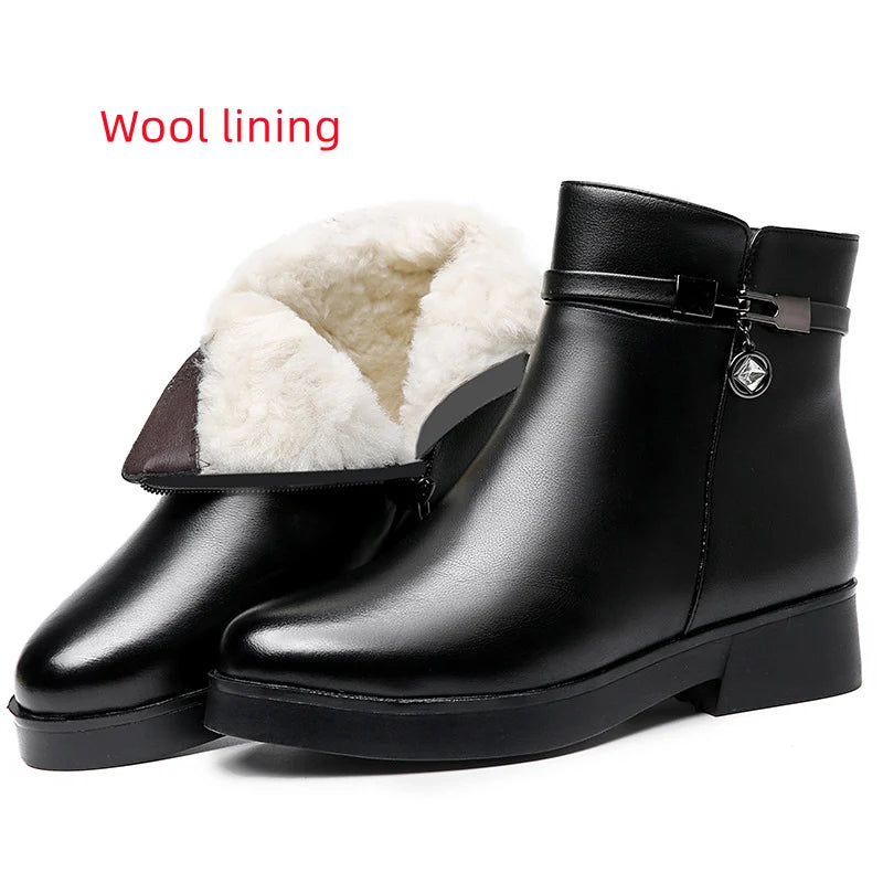 WOIZGIC Femmes Mère Femme Dames En Cuir Véritable Bottines Bottes Plateforme Laine Peluche Fourrure Chaude Hiver Fermeture Éclair Grande Taille 42 43