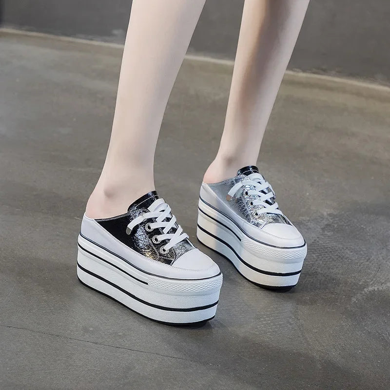 Fujin 10cm Mules Shoes Sandals Genuine Leather 2024 Women Sneakers Slippers Summer Shoes New Casual Shoes Women's Fashion