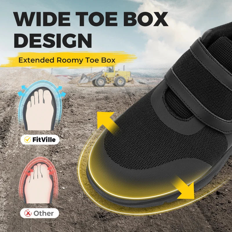 FitVille Safety Men'S Steel Toe Shoes  Wide Width 2E Lightweight Puncture Resistant Non-Slip With Arch Support Black Adjustable