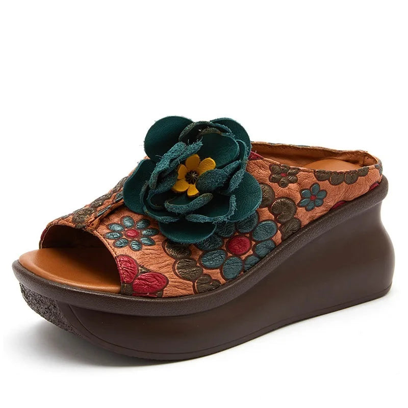 DRKANOL Summer Outside Wedges Slippers Women Printing Flowers Genuine Leather Peep Toe Platform Slippers Rthnic Style Slides