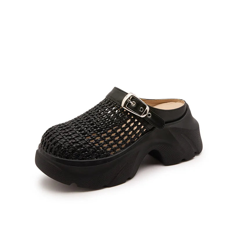 Fujin 7.5cm Microfiber Leather Platform Wedge High Brand Breathable Women Sandals Flats Round Toe Slipper Hollow Slip on Shoes