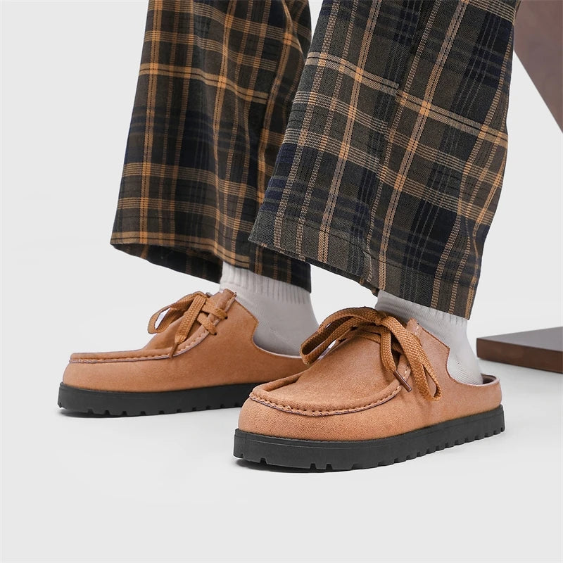 STRONGSHEN Summer Half Slippers For Man Original Suede Loafers Men Designer Shoes Lace-up Flat Casual Shoes zapatos de hombre