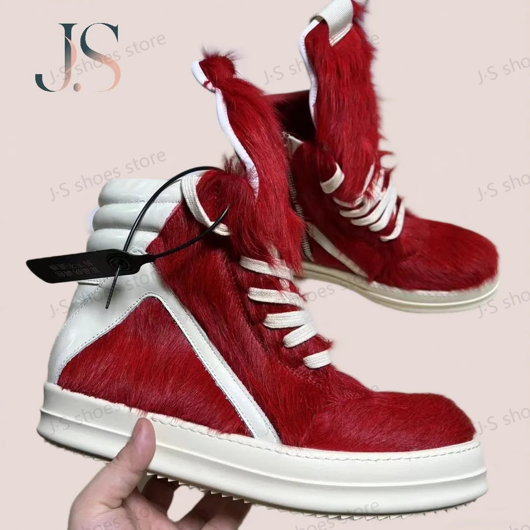 R-o Classic Design Men Shoe Red Horse Hair Women High Top Shoes Boots Zippe Red Horsehair With White Leather Ankle Boot Sneakers