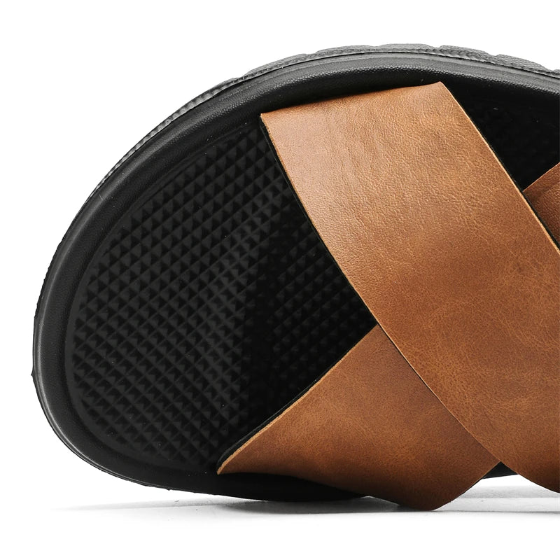 PU Leather Slippers Men Slides Summer Casual Beach Shoes Slip-Ons Flats Indoor Outdoor Flats Big Size 47 48 Dropshipping