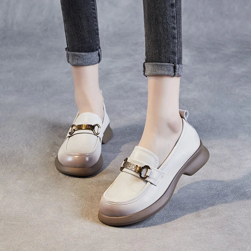 DRKANOL Women Slip On Loafers 2025 Spring Shallow Genuine Cow Leather Trend Metal Mid Thick Heel Casual Single Shoes Black Beige