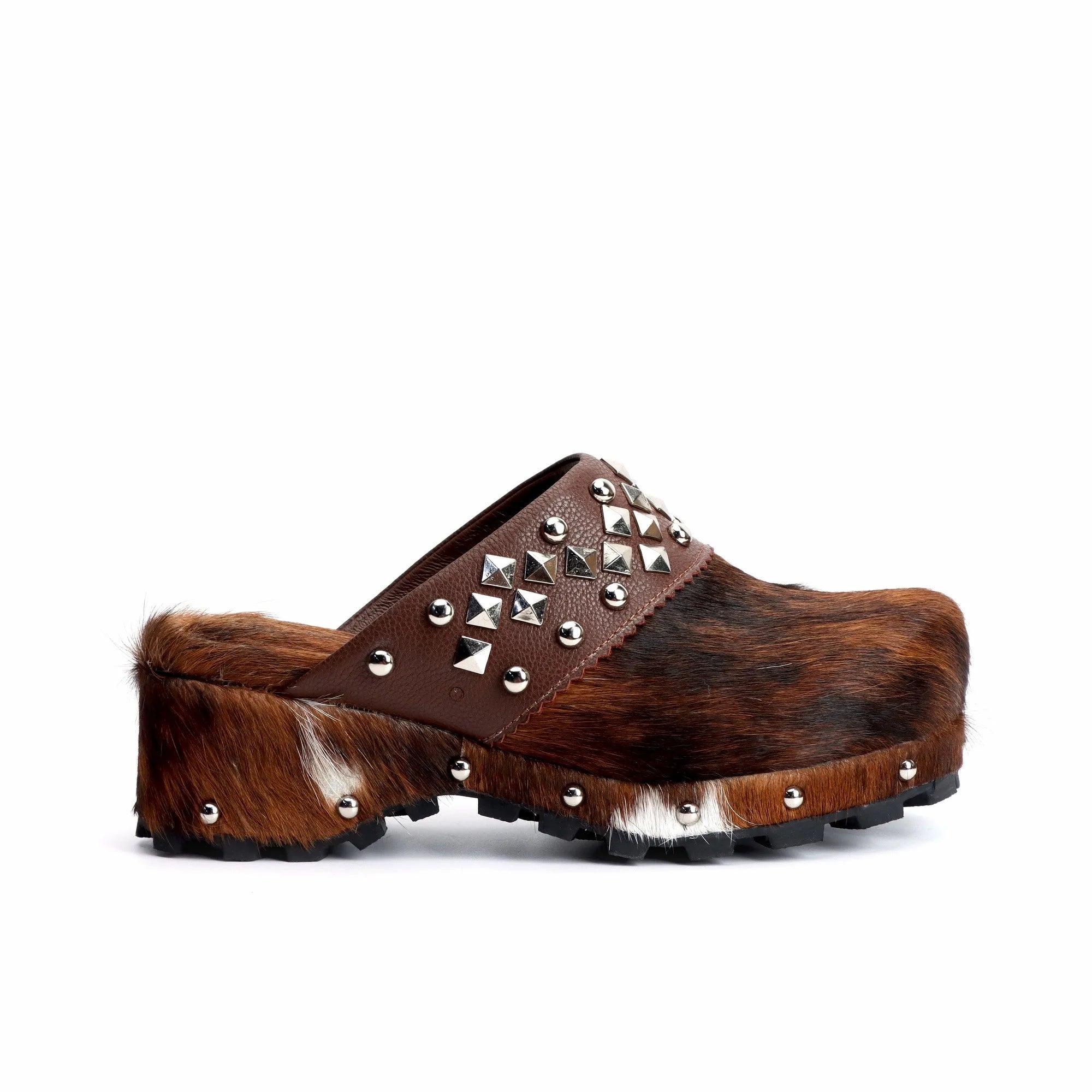 Women's Handmade Western Cowboy Clogs Shoes with Natural Calf Hair, Sheepskin Lining, and Arch Support - Featuring Shiny Rivets