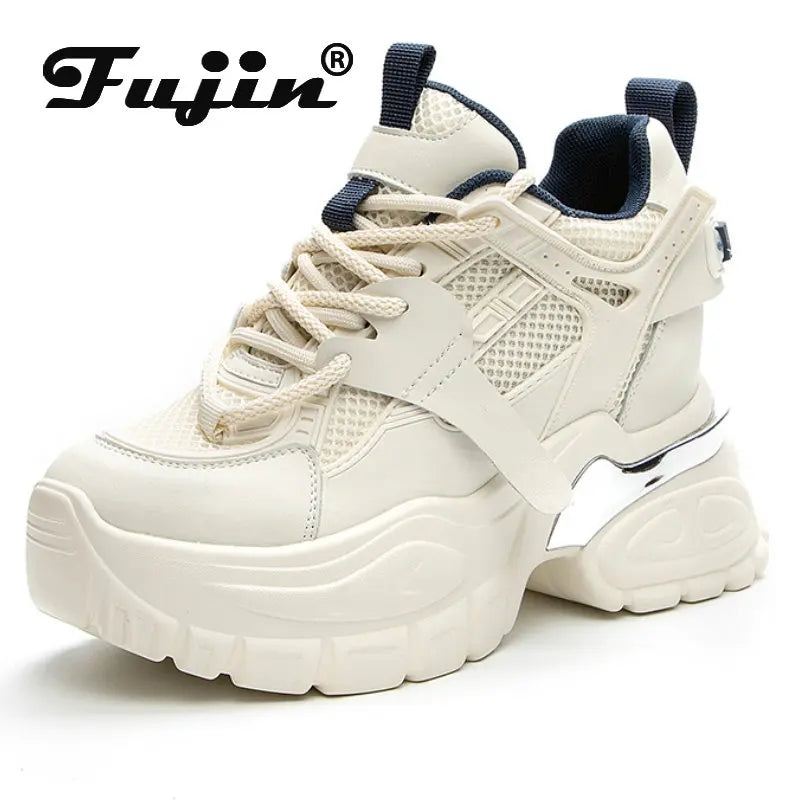 Fujin 10cm Air Mesh Genuine Leather Platform Wedge Sneakers Hidden Heels Chunky Sneakers Female Summer Women's Vulcanize Shoes