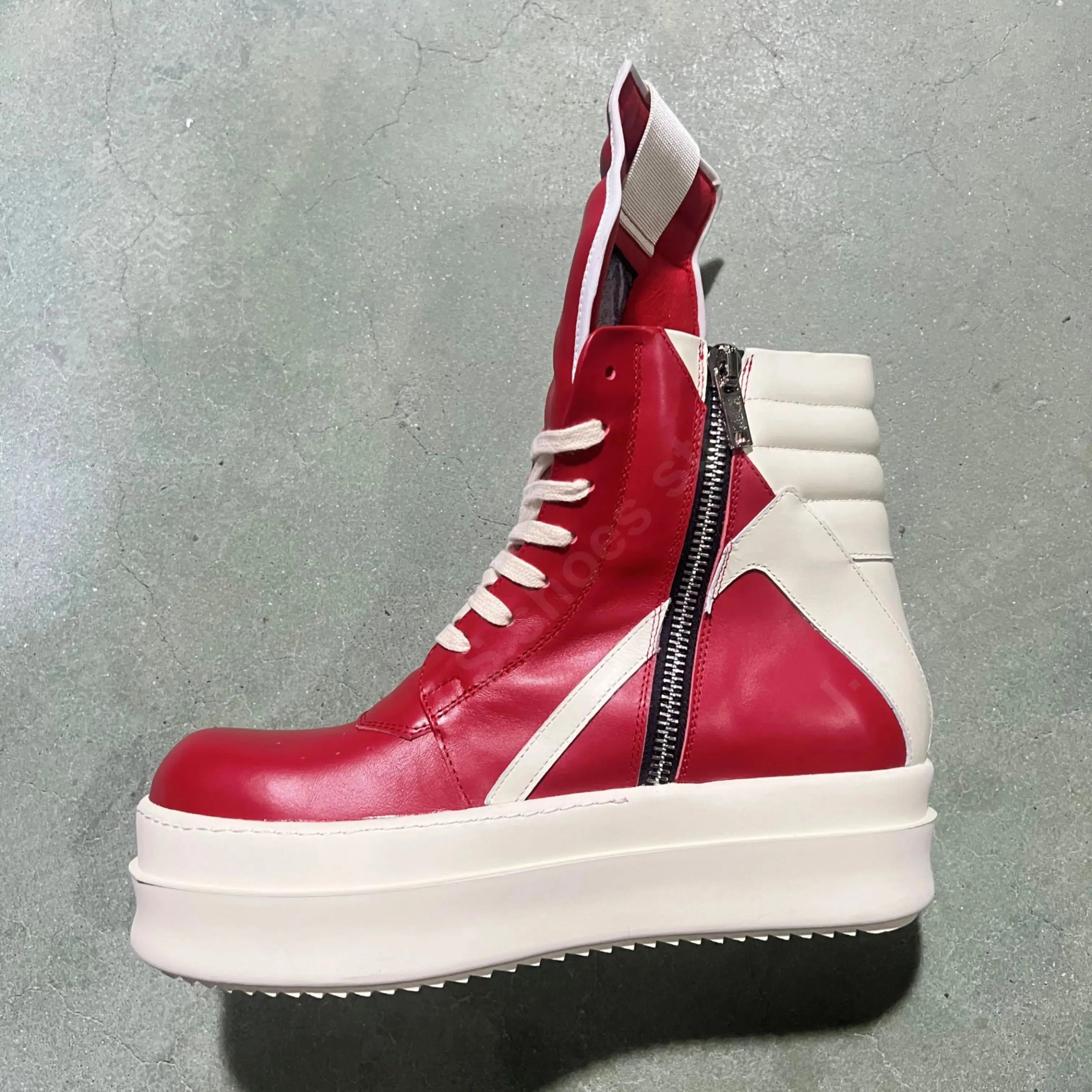 R-o Classic Men Shoe Women Sneaker Red Leather Ankle Boot High Top Casual Shoes Zipper Lace Up 6cm Thick Sole Sneakers Boots