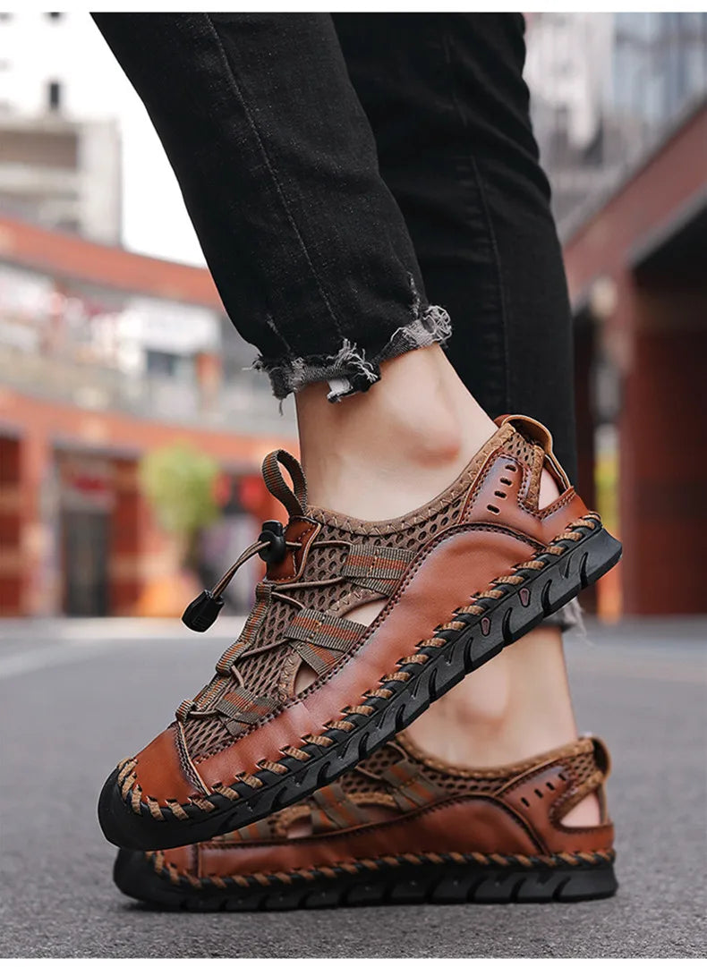 Sandales d'été respirantes pour hommes, sandales romaines tendance, faites à la main, en maille, chaussures décontractées pour hommes, plateforme, sandales de plage pour hommes