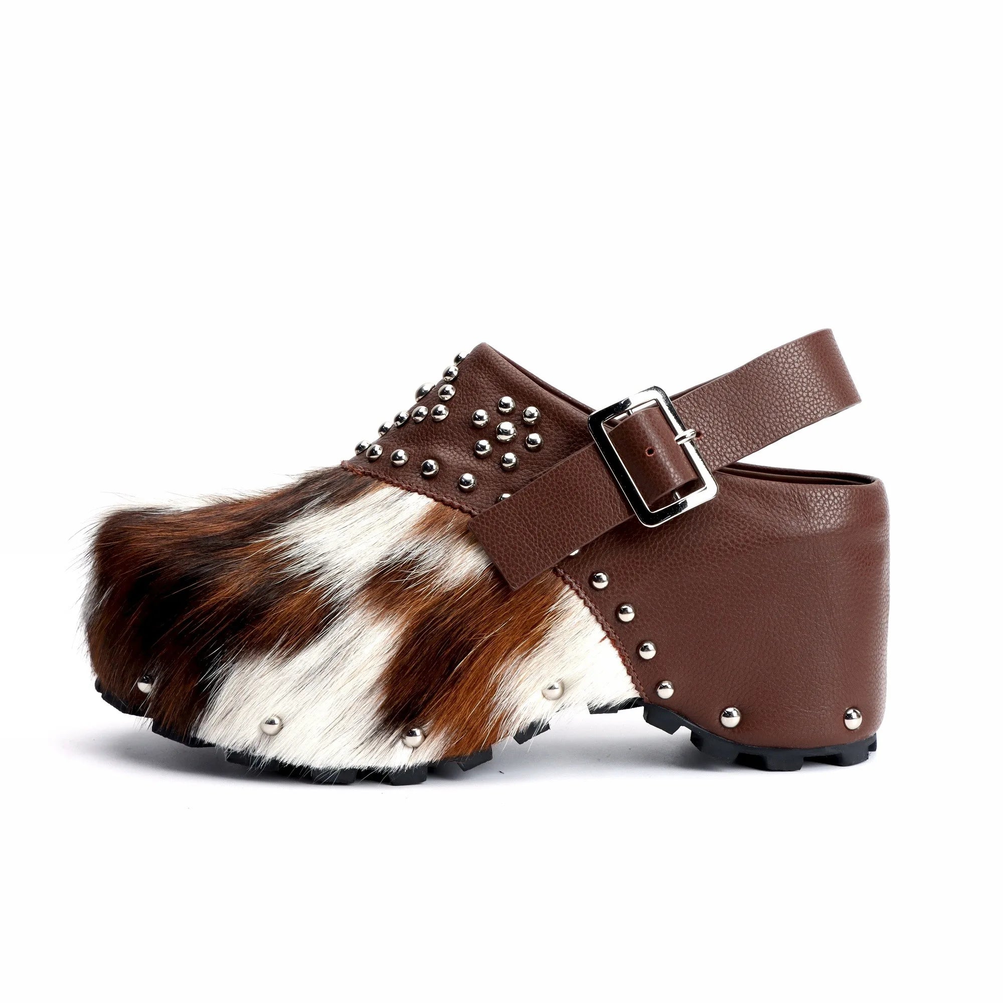 Handmade Designer Luxury Studded Platform Clogs with Natural Calf Hair and Leather Lining, Memory Foam Arch Support for All-Day